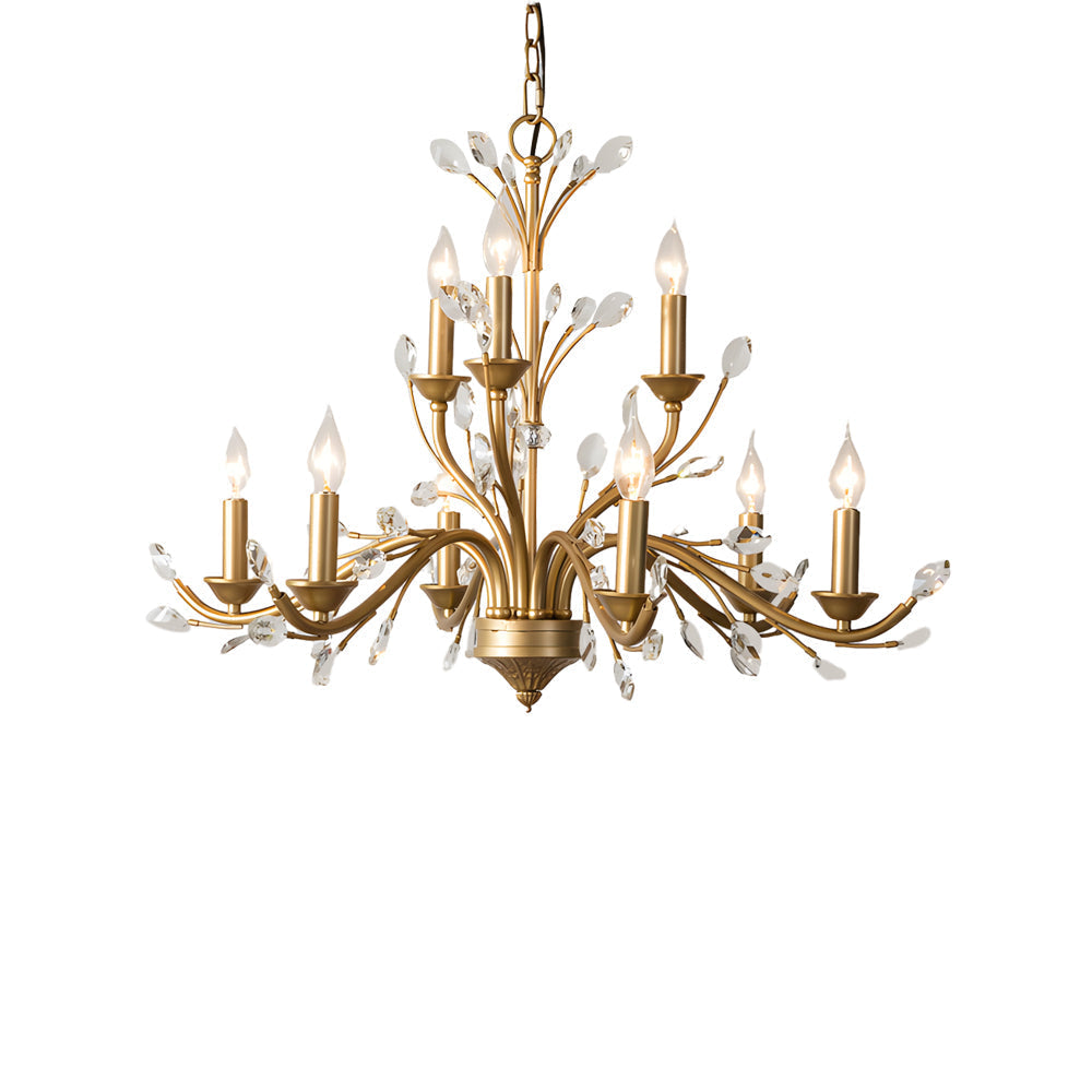 6/9-Light Brass Branch Candle Vintage Chandelier with Crystal Accents