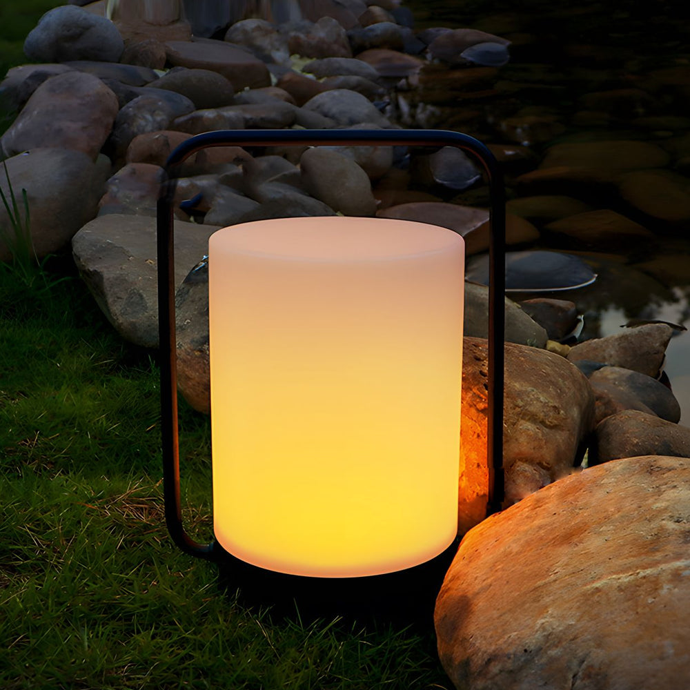 Modern Black Portable Outdoor Table Lamp With White Cylinder Shade, USB, IP65