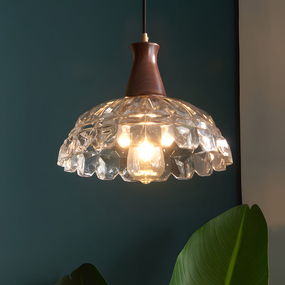 Modern Copper Blossom Glass Pendant Light With Wooden Handle