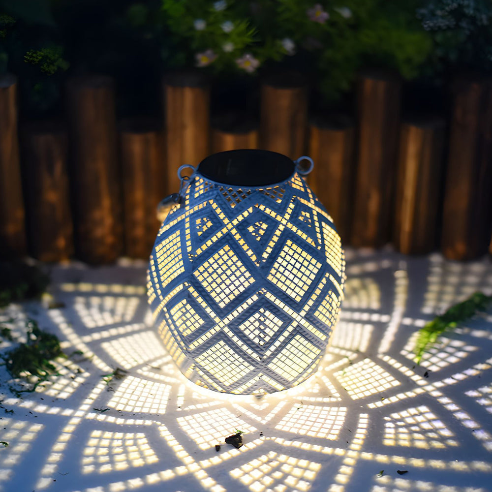 Moroccan Portable & Hanging White Solar LED Outdoor Patterned Lantern