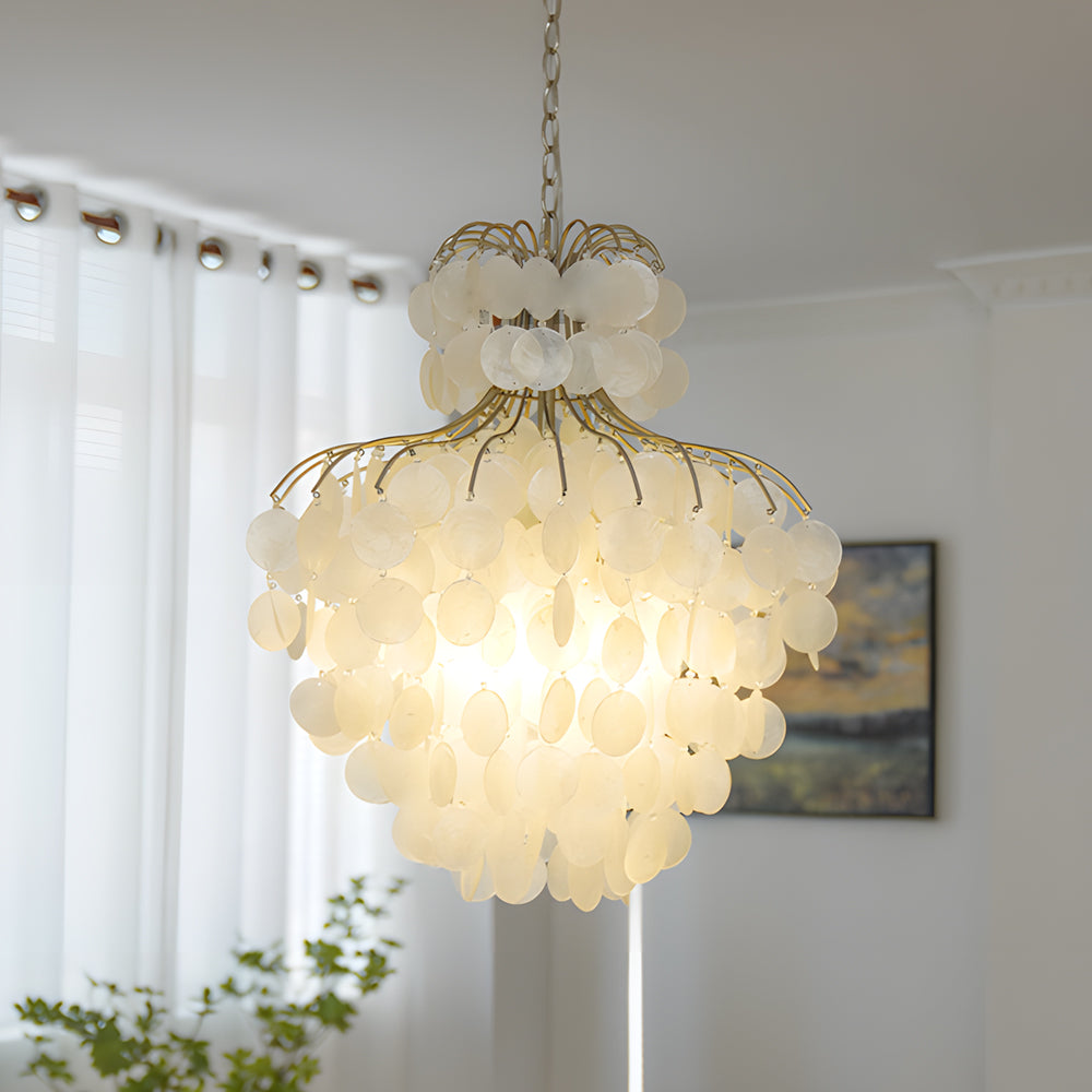 Tiered Capiz Shell Chandelier: Elegant French Style Hanging Lighting