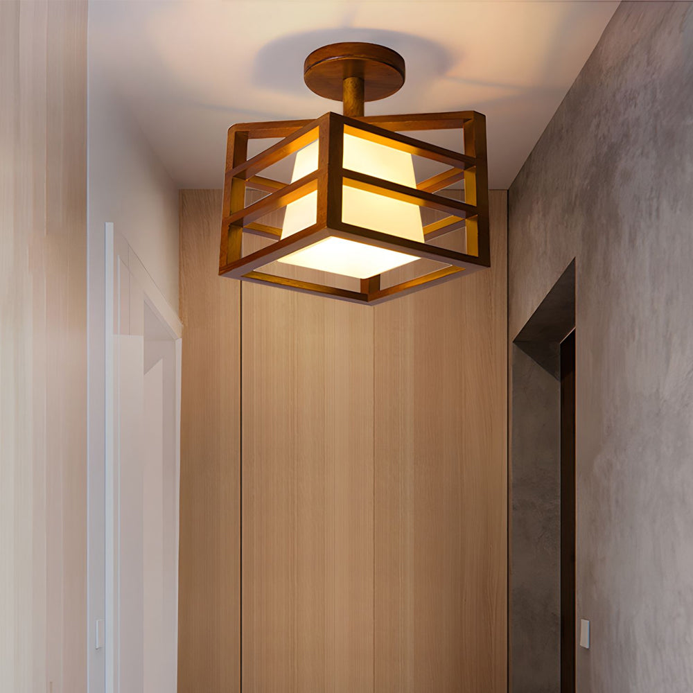 Square Walnut Wooden Frame 1-Light Semi-Flush Mount Ceiling Light