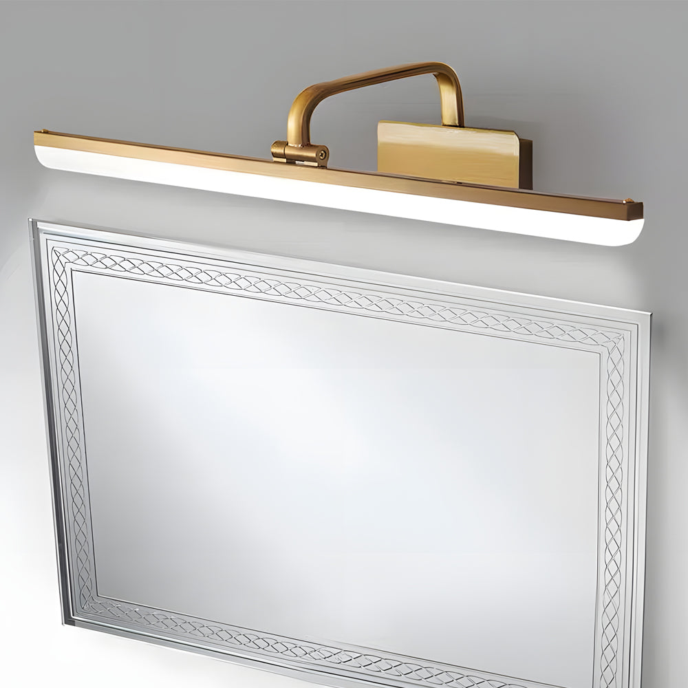 Brass Linear LED Bathroom Vanity Light with Curved Rod Design Elegant Mirror Fixture