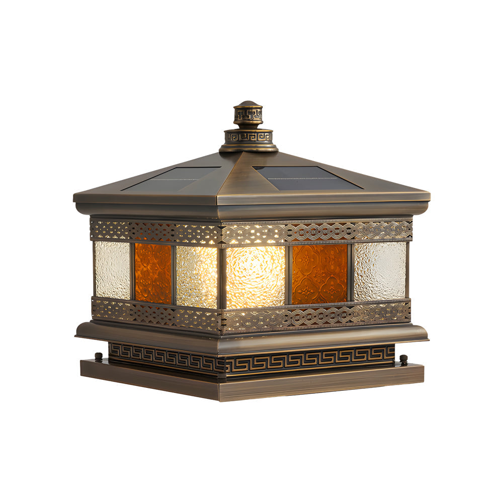 European Square Hardwired/Solar Copper Outdoor Column Light with Glass Shade - Bronze