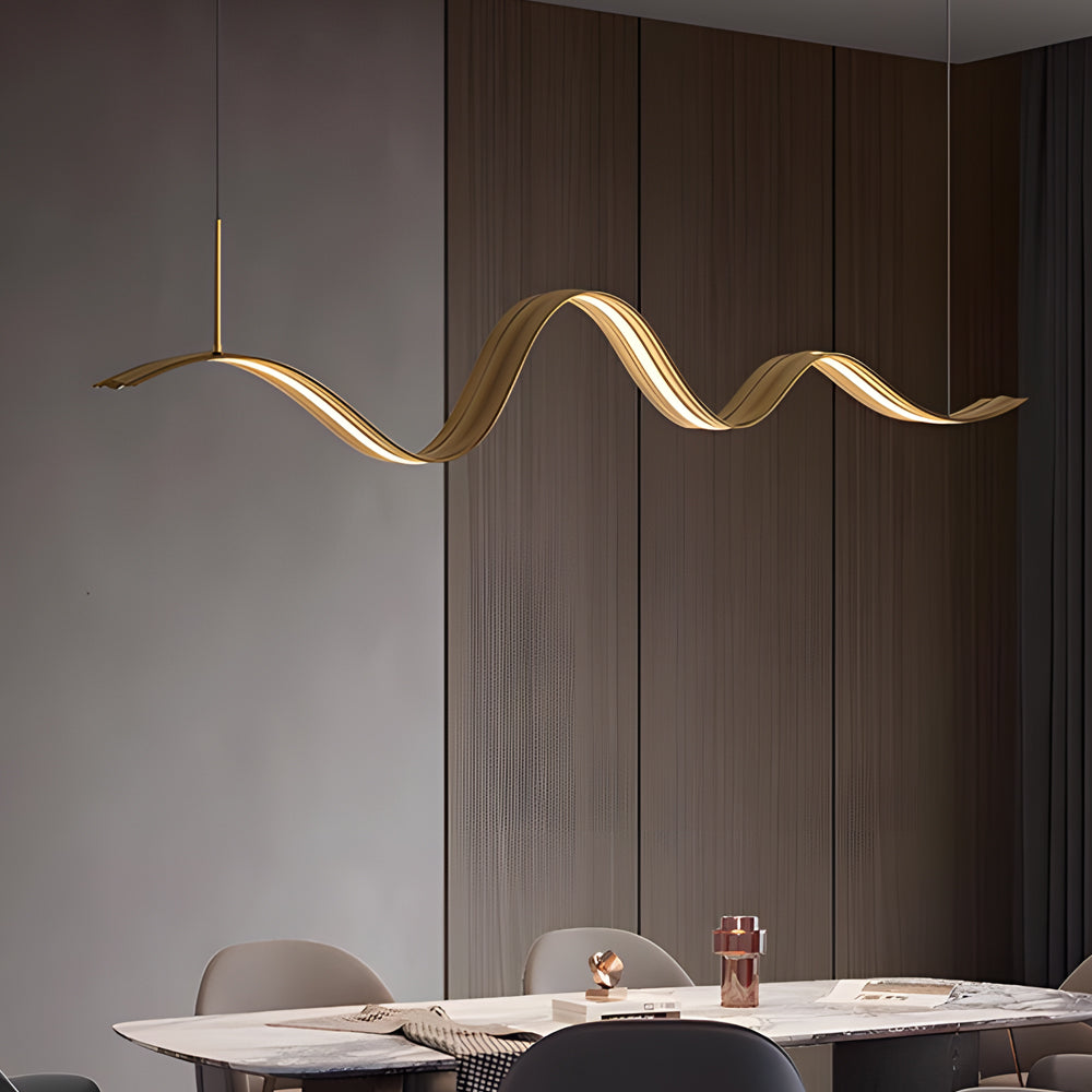 1-Light Linear LED Brass Elegant Flow Wave Pendant Light for Kitchen Island