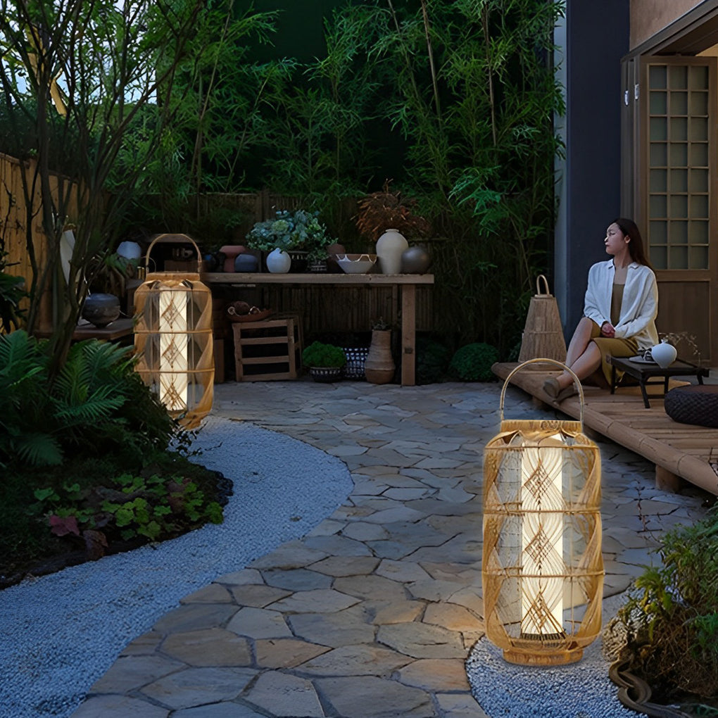 Rattan Waterproof LED Retro European Style Portable Solar Floor Lamp