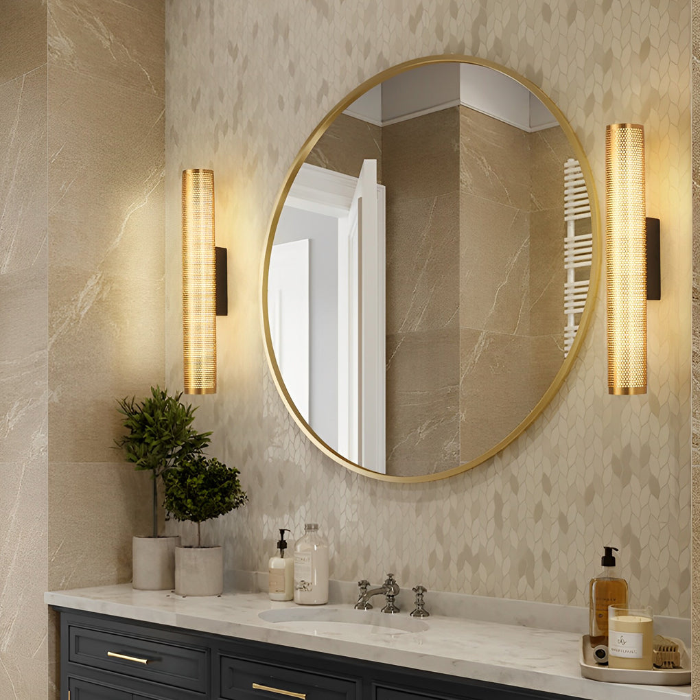 Gold Perforated Cylindrical Bathroom Vanity Light with Mesh Design