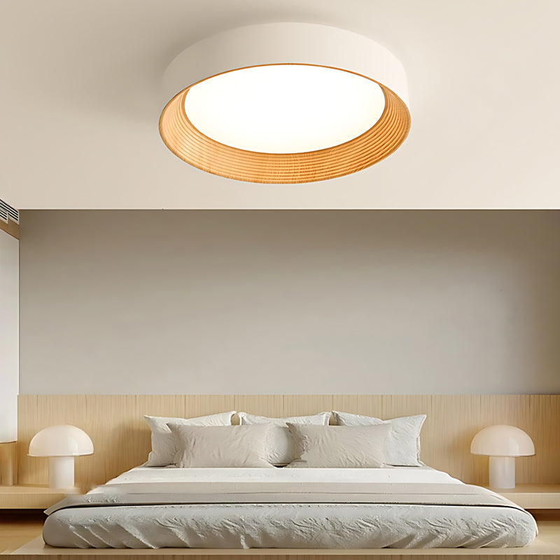 Round Iron Three Step Dimming Modern Wood Texture LED Ceiling Lights Fixture