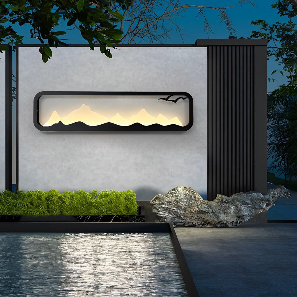 Rectangular Mountain Scenery LED Waterproof Black Outdoor Wall Lamp