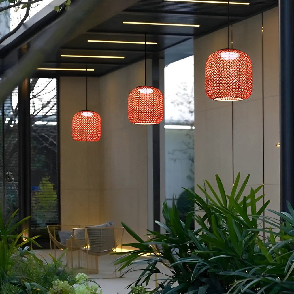 Waterproof Classic Rattan Lanterns LED Red Modern Outdoor Chandelier