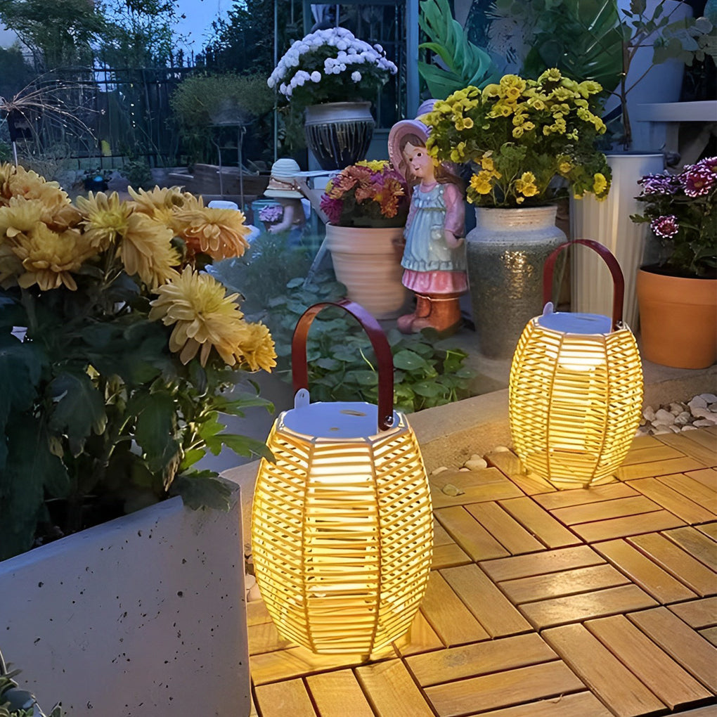 Portable Rattan Lantern Waterproof LED Modern Solar Outdoor Light Floor Lamp