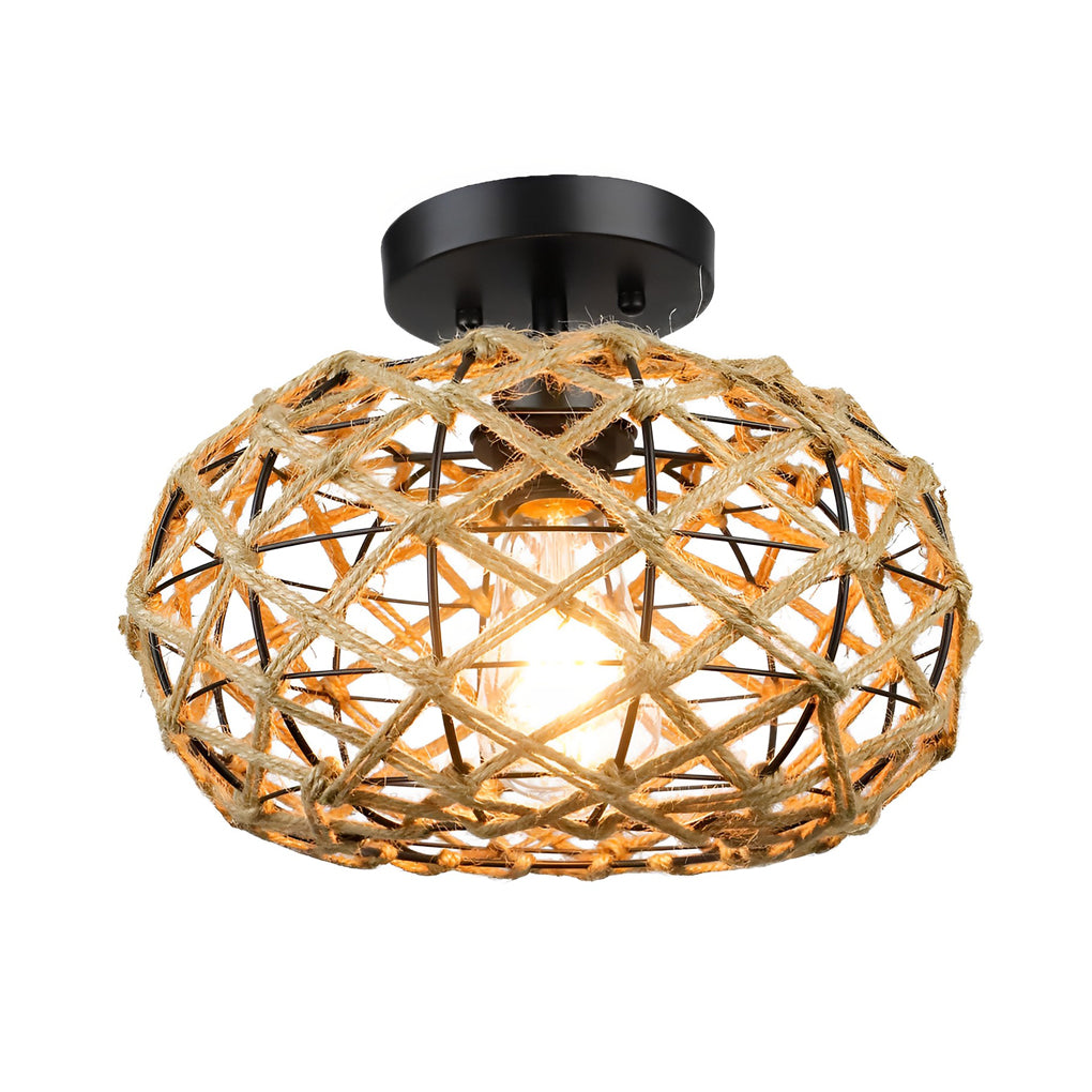 Round Hand Woven Cage Rope Beige Retro Minimalist Ceiling Light Chandelier