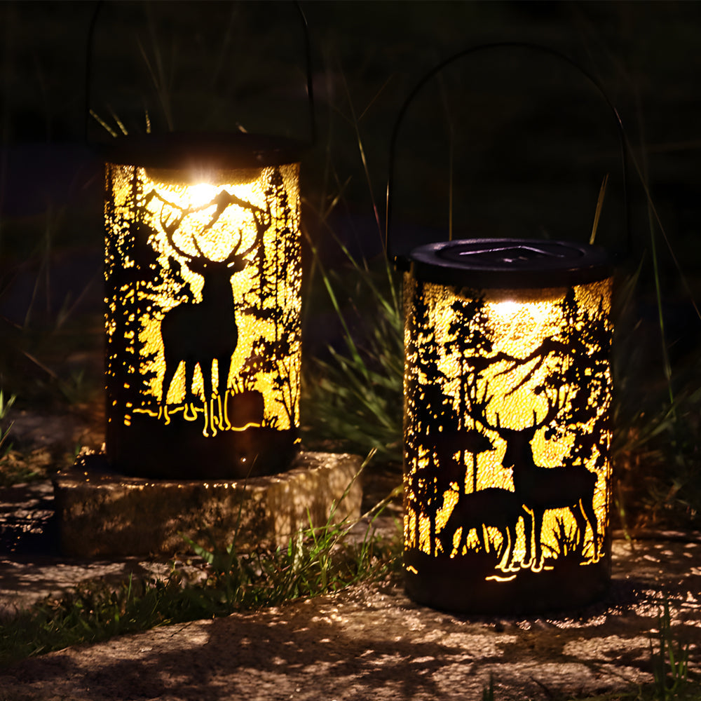 Iron Hollow Deer Silhouette Waterproof LED Modern Hanging Solar Lanterns