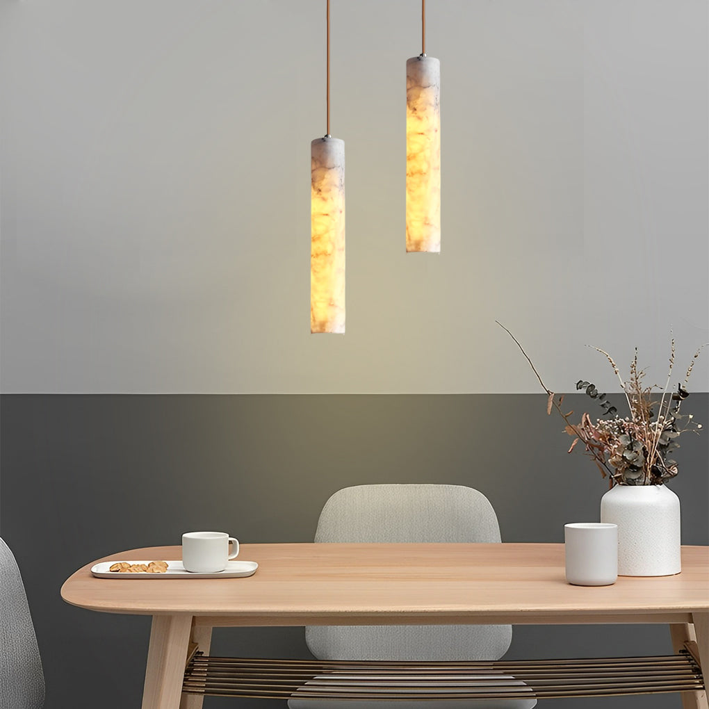 Elongated Cylindrical Marble Texture Minimalist Chandelier Pendant Lights