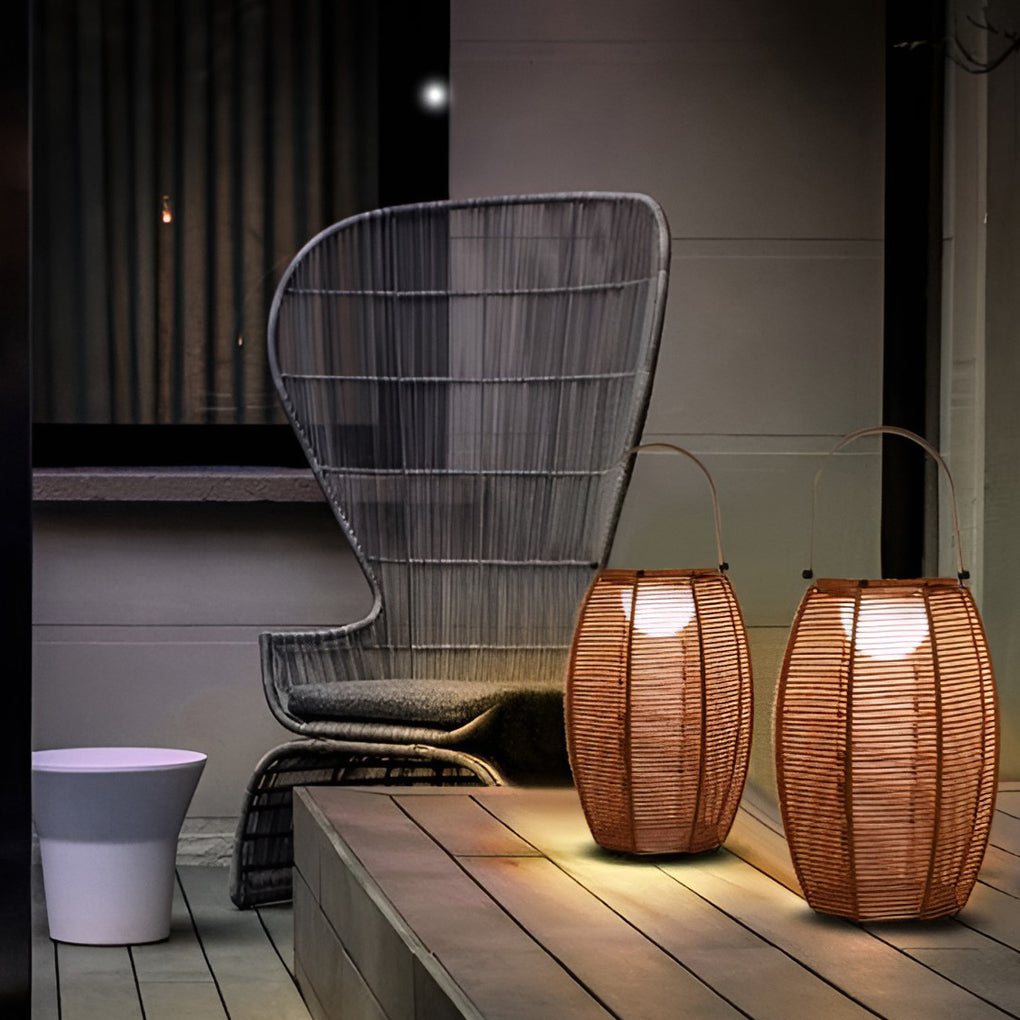 Rattan Lantern Shaped LED Waterproof Portable Modern Outdoor Floor Lamp