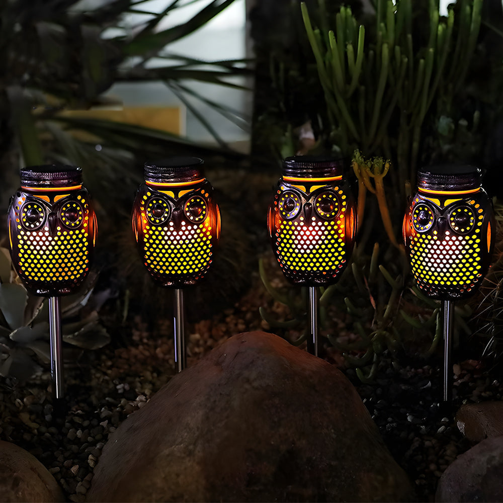 2-Pack Solar Lanterns Flickering Flame Metallic Owl Stake Solar Lights Garden Landscape Lights for Outdoor Decor