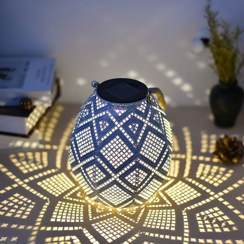 Moroccan Portable & Hanging White Solar LED Outdoor Patterned Lantern