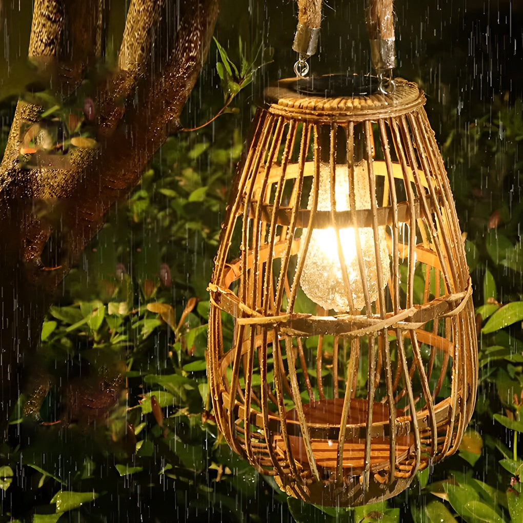 Portable Bamboo Rattan Waterproof LED Wood Retro Solar Outdoor Lanterns