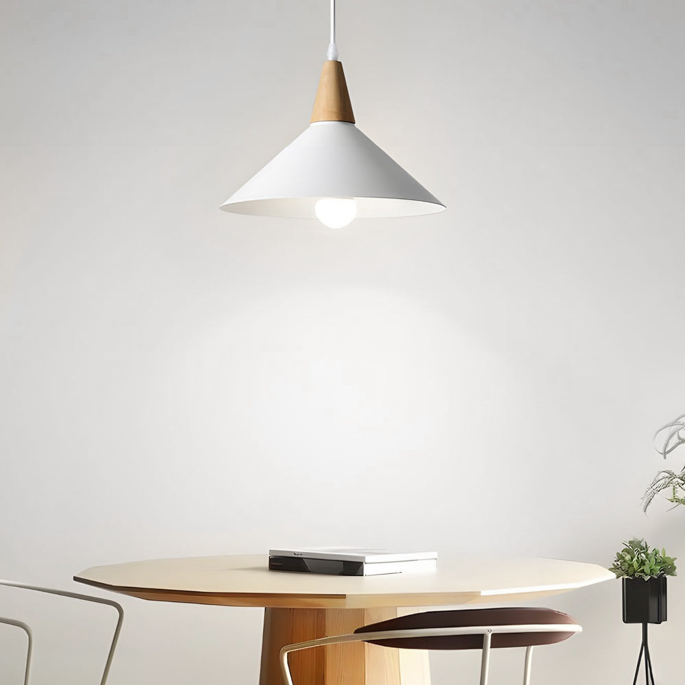 White 1-Light Nordic Metal Cone Pendant Light with Wood Top