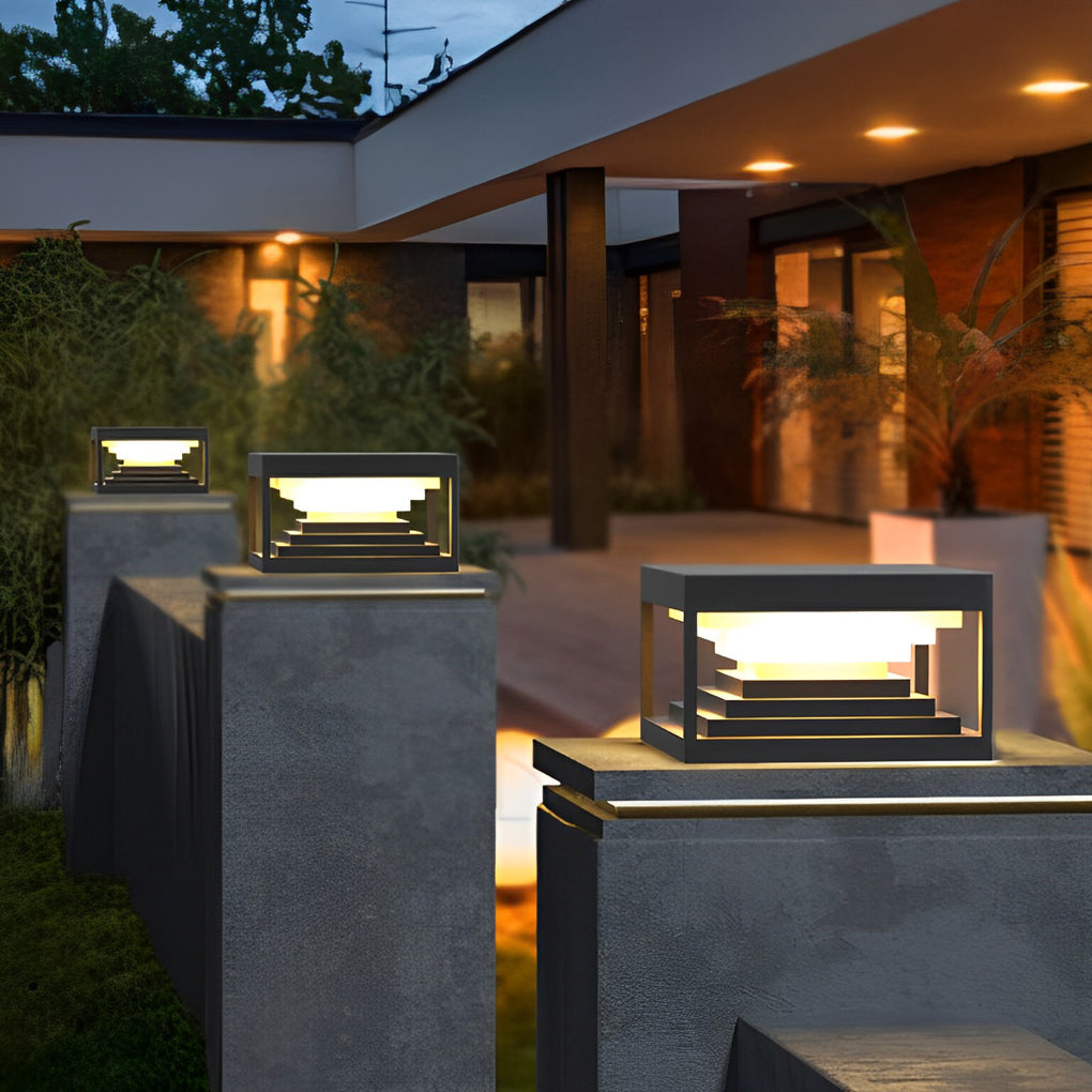 Square Steps Creative Waterproof LED Black Modern Solar Post Caps Lights