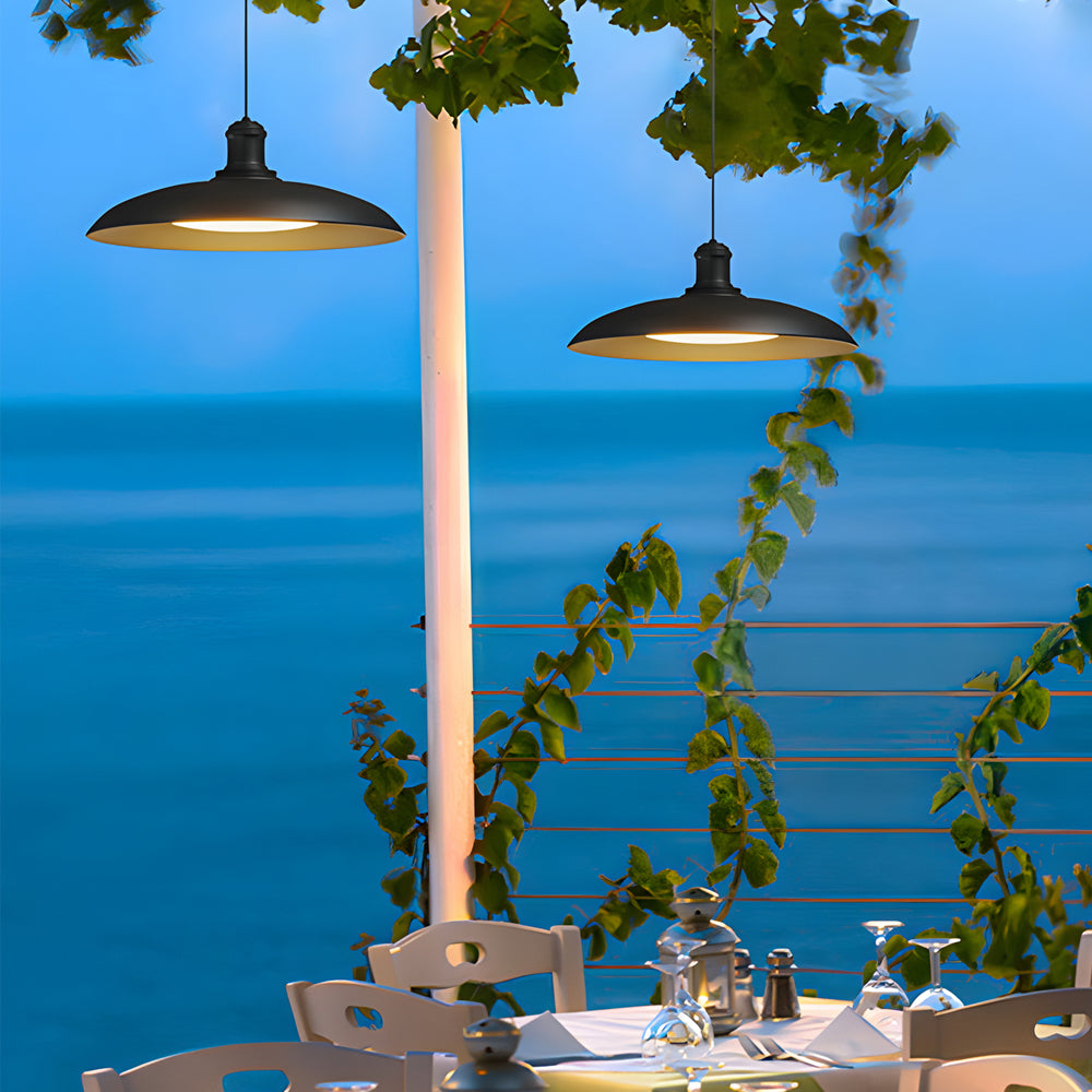 Round Black Hanging Outdoor Pendant Light - Metal Saucer-Shaped