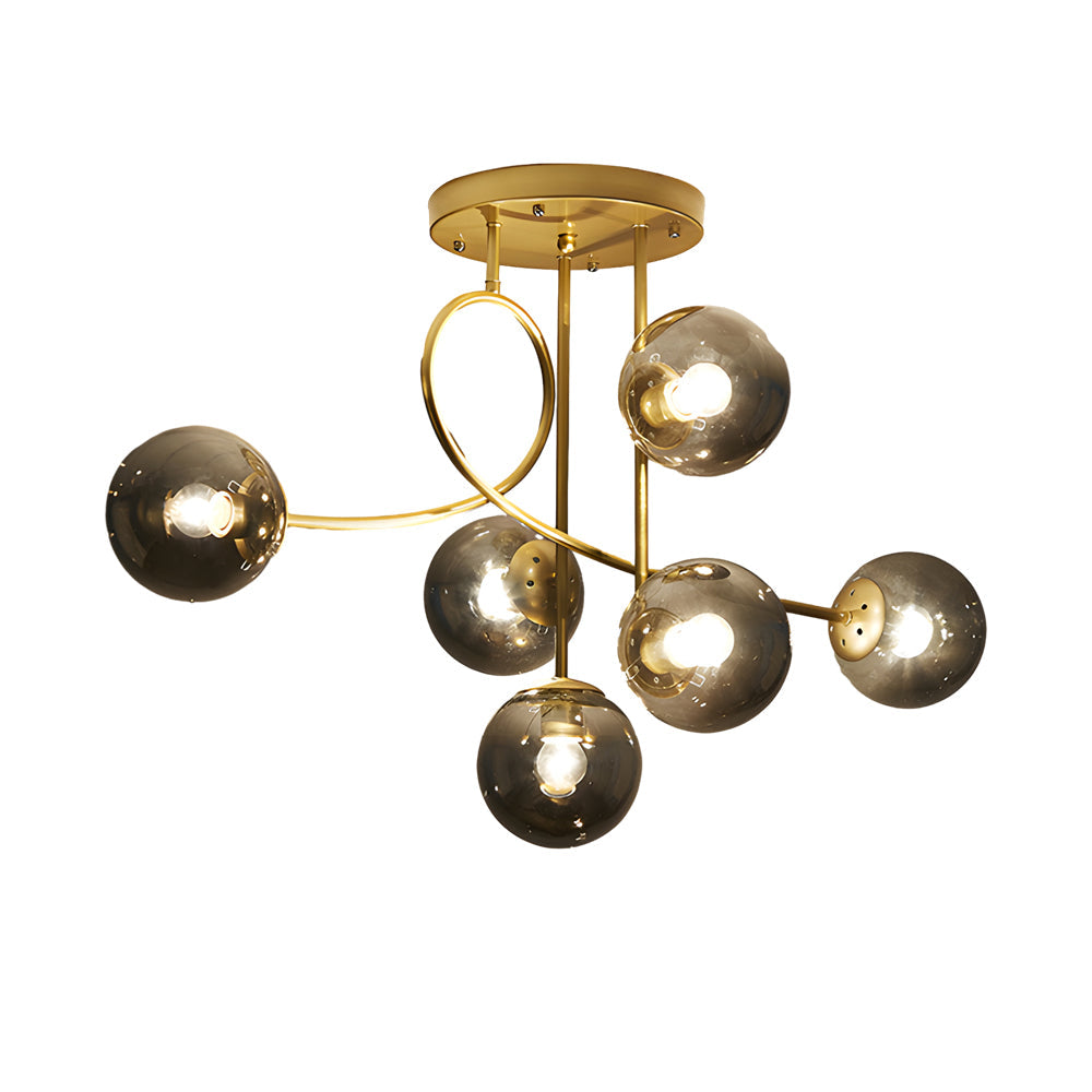 Modern 6-Light Gold/Black Semi-Flush Mount Chandelier with Glass Shade