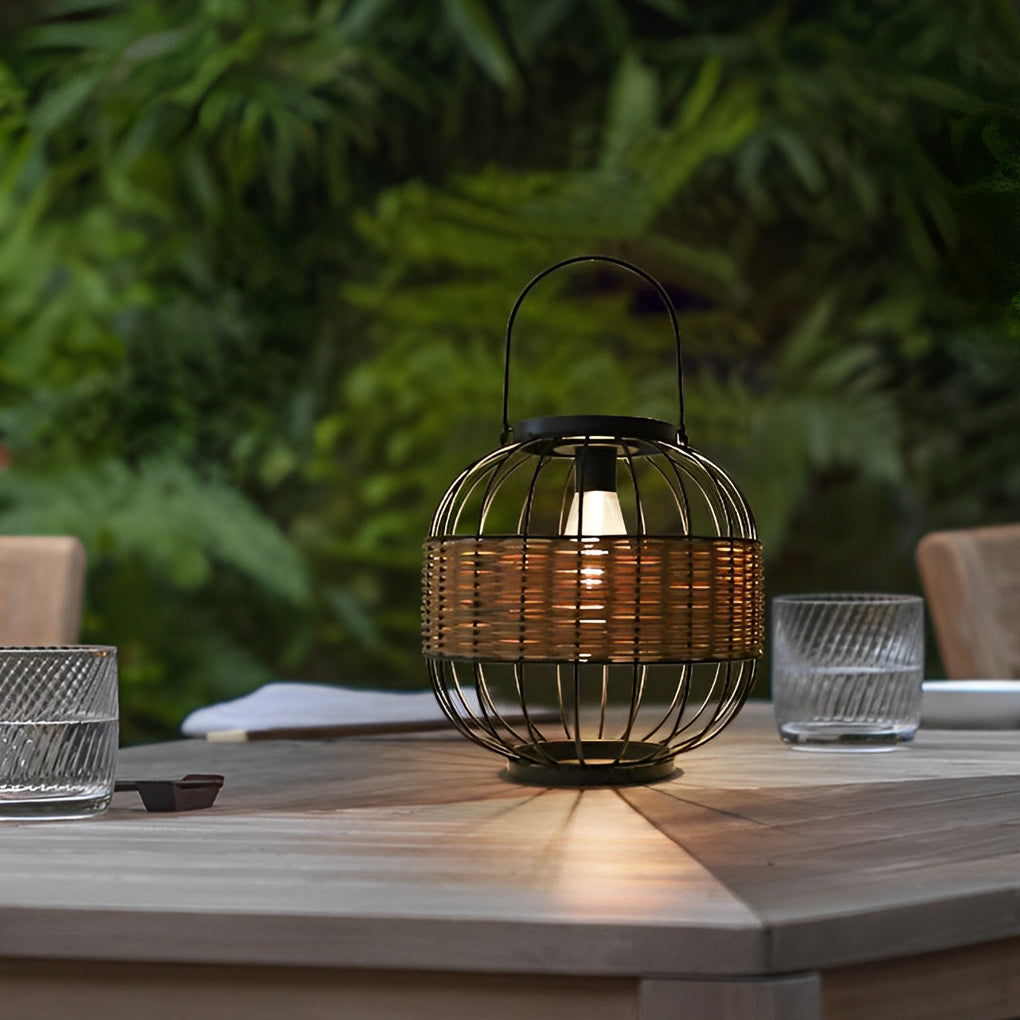 Rattan Decor Cage Shape Waterproof Intelligent Outdoor Solar Lanterns