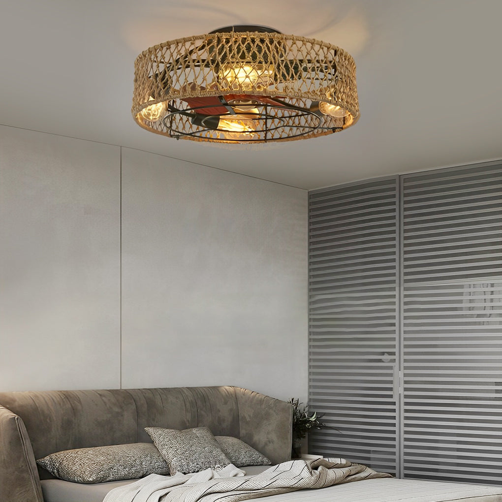 Creative Rattan Iron Timing Industrial Style Inverter Ceiling Fan Lamp