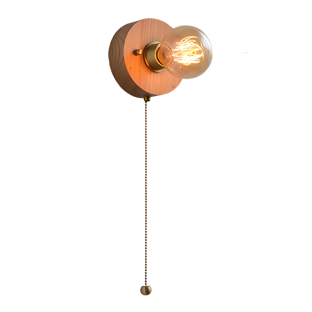 Round/Square Vintage Walnut Wood Wall Lamp 1-light with Pull Chain Switch