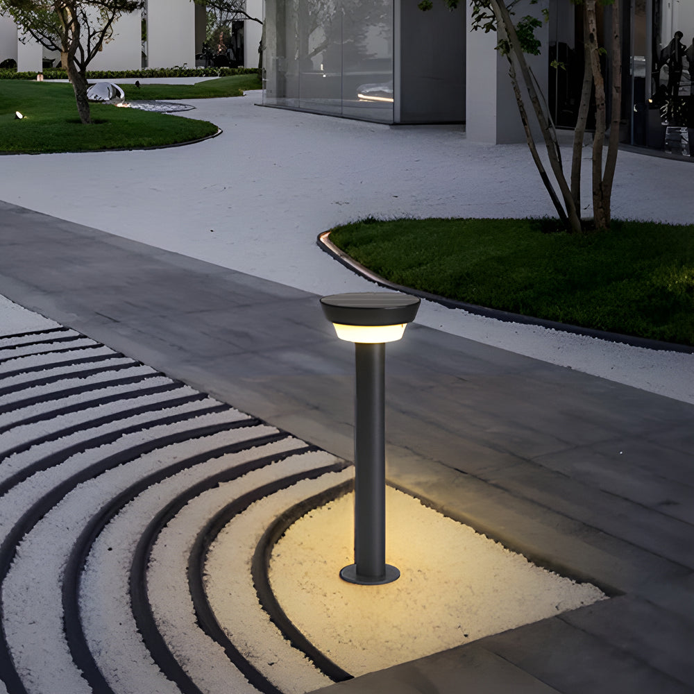 Modern Black Round LED Solar Outdoor Path Light with Stake - Garden Bollard Light