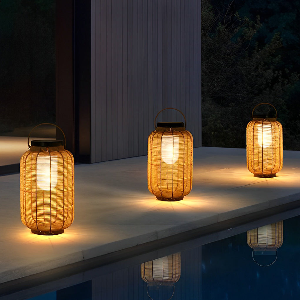 Portable Lantern Rattan LED Waterproof Solar Outdoor Lights Floor Lamp