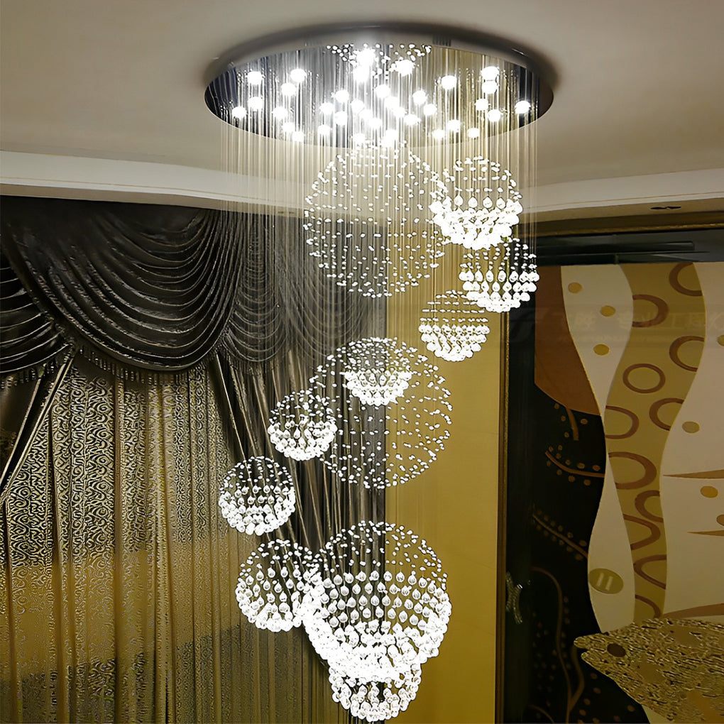 Spiral Raindrop Crystal Ball Three Step Dimming LED Staircase Chandelier