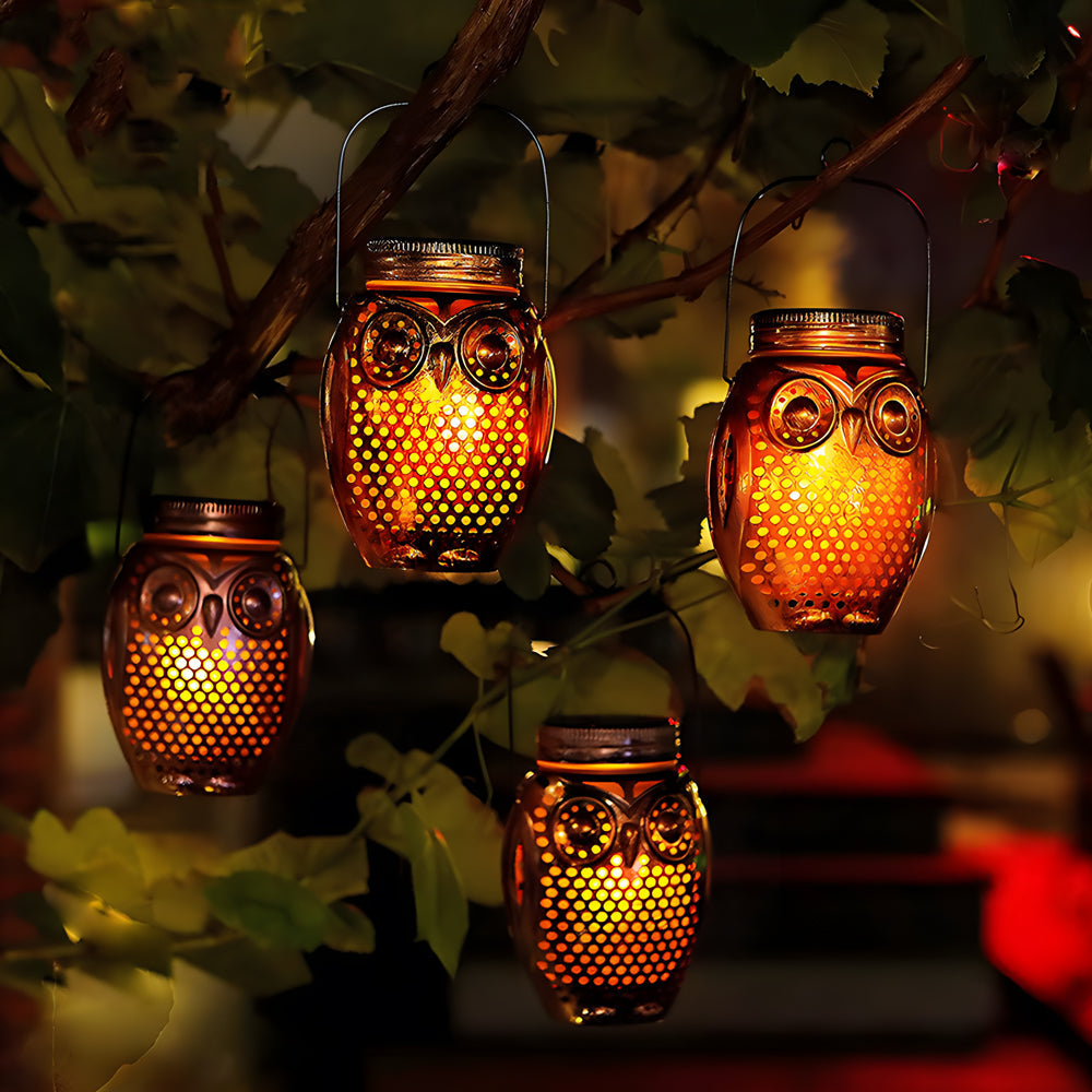 2-Pack Solar Lanterns Flickering Flame Metallic Owl Stake Solar Lights Garden Landscape Lights for Outdoor Decor