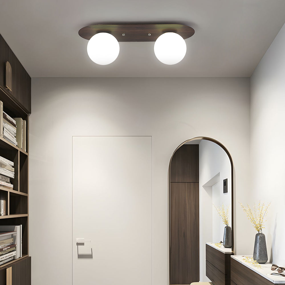 Flush Mounted Walnut Board Ceiling Light with 2/3/4 Milky White Glass Globes