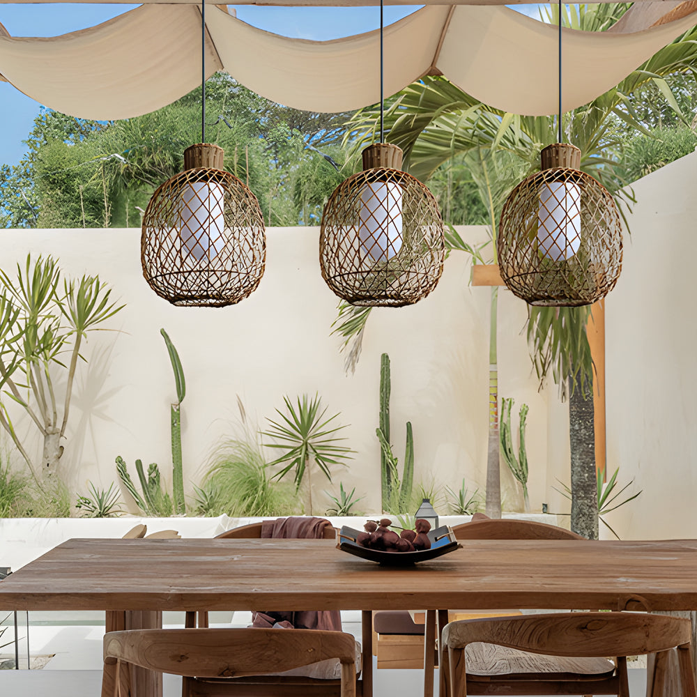 Outdoor Rattan Pendant Lights 10W Rustic Modern LED Ceiling Hanging Lantern Lights