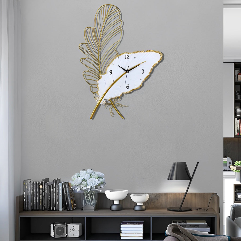 Resin Feather Wall Clock Silent Wall Painting LED Lights Art Decor