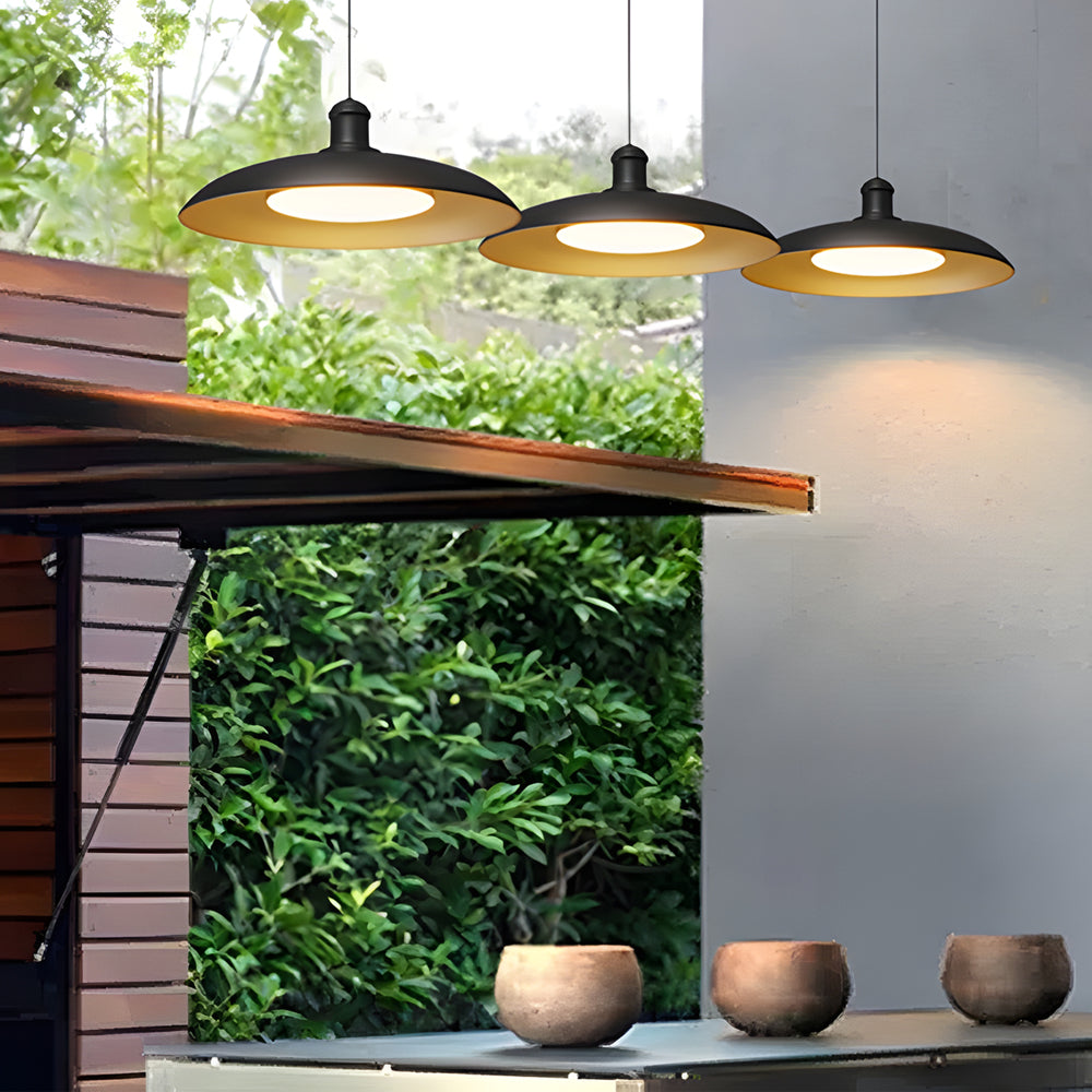 Round Black Hanging Outdoor Pendant Light - Metal Saucer-Shaped