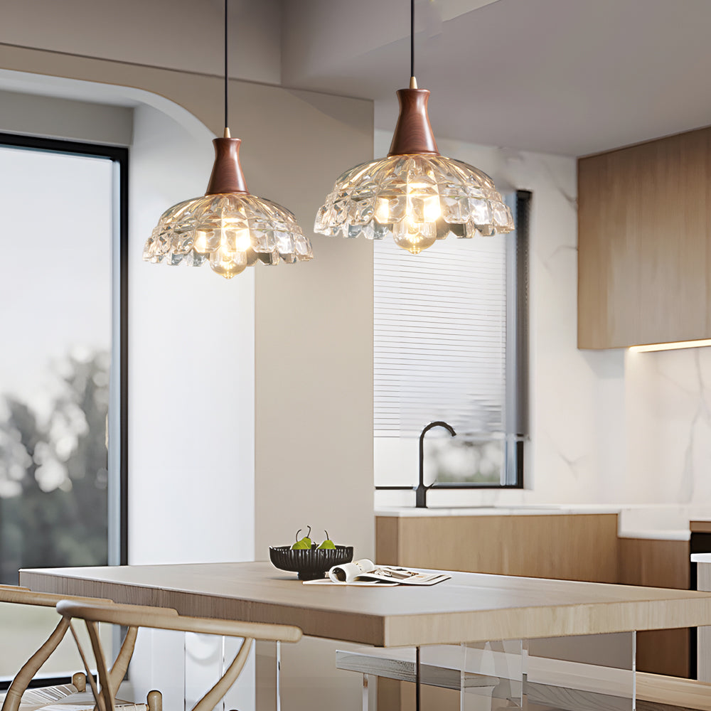 Modern Copper Blossom Glass Pendant Light With Wooden Handle