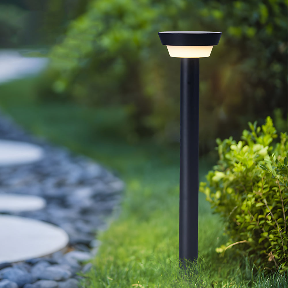 Modern Black Round LED Solar Outdoor Path Light with Stake - Garden Bollard Light