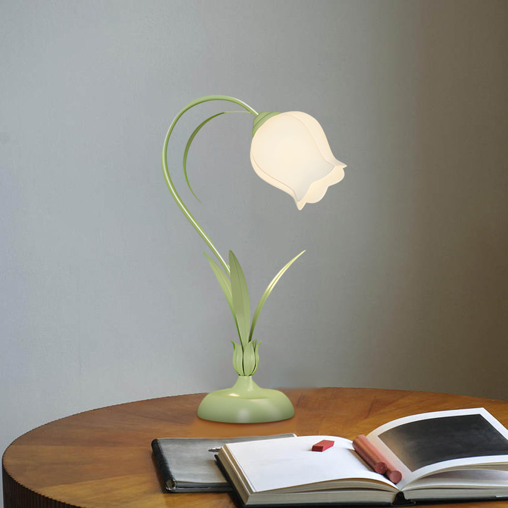 Rustic Green Desk Lamp with White Floral Shade and 3-Step Dimming for Homes