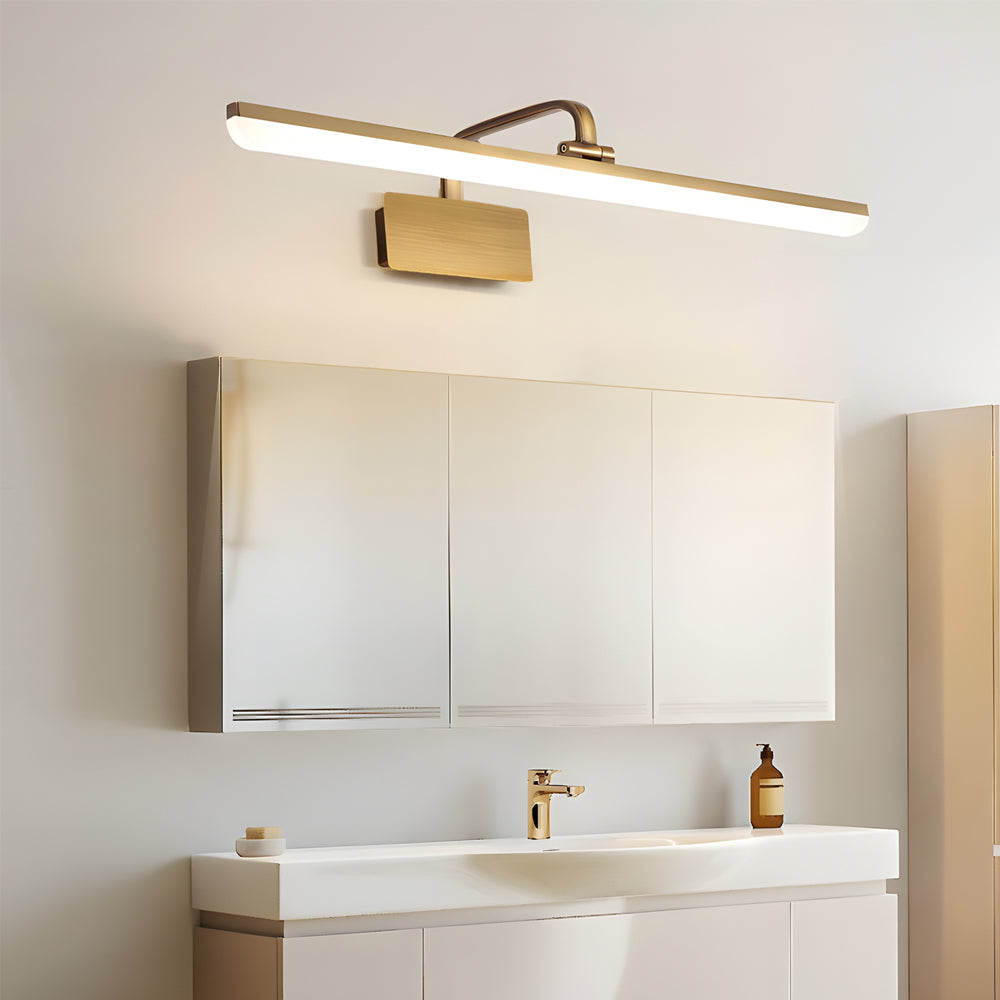 Brass Linear LED Bathroom Vanity Light with Curved Rod Design Elegant Mirror Fixture