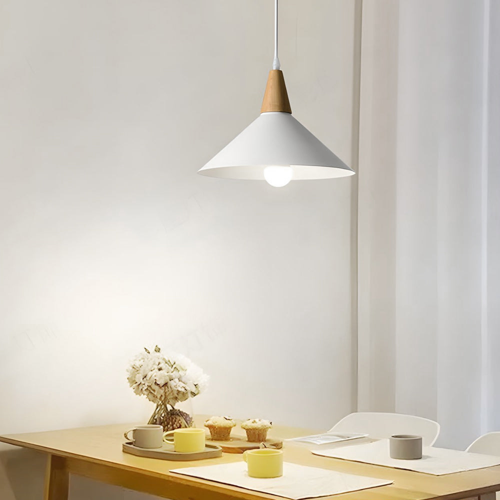 White 1-Light Nordic Metal Cone Pendant Light with Wood Top