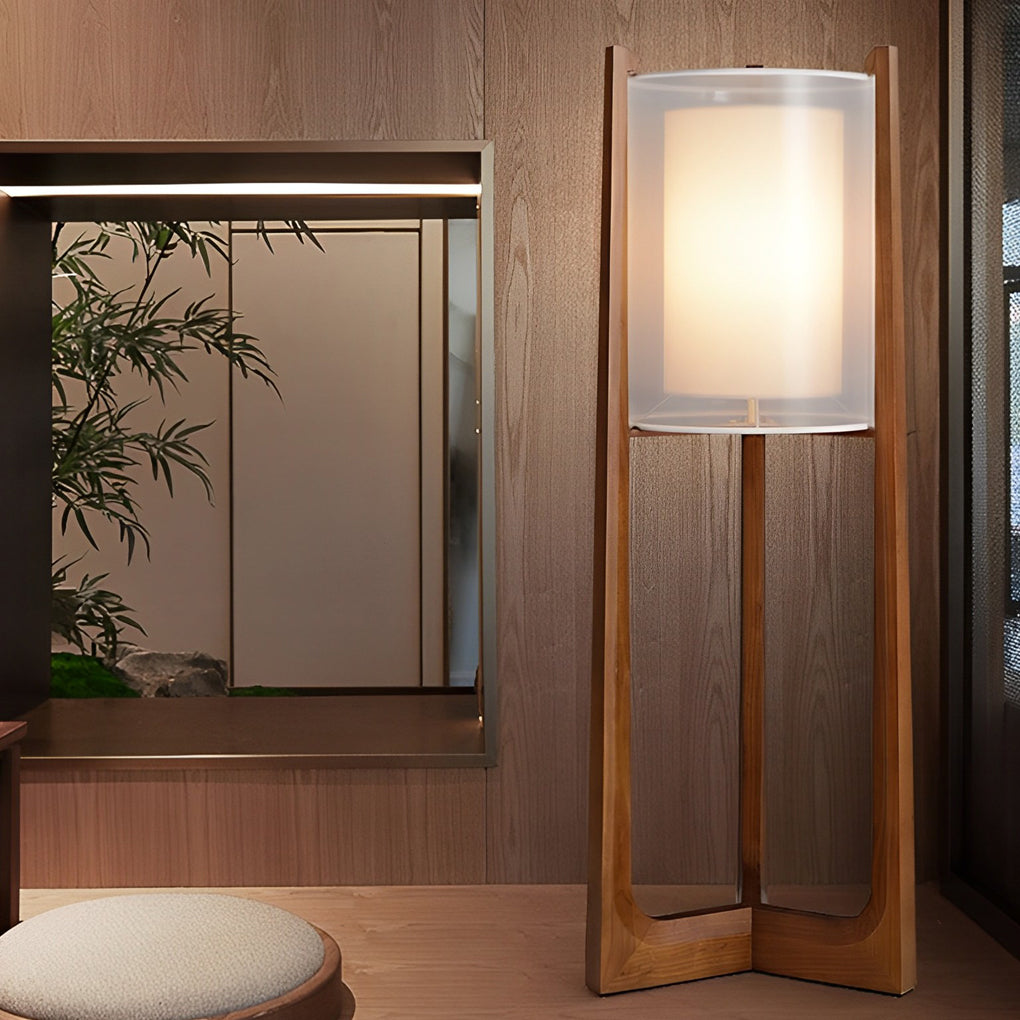 Rustic Japanese-style Wood Standing and Double Shaded LED Floor Lamp