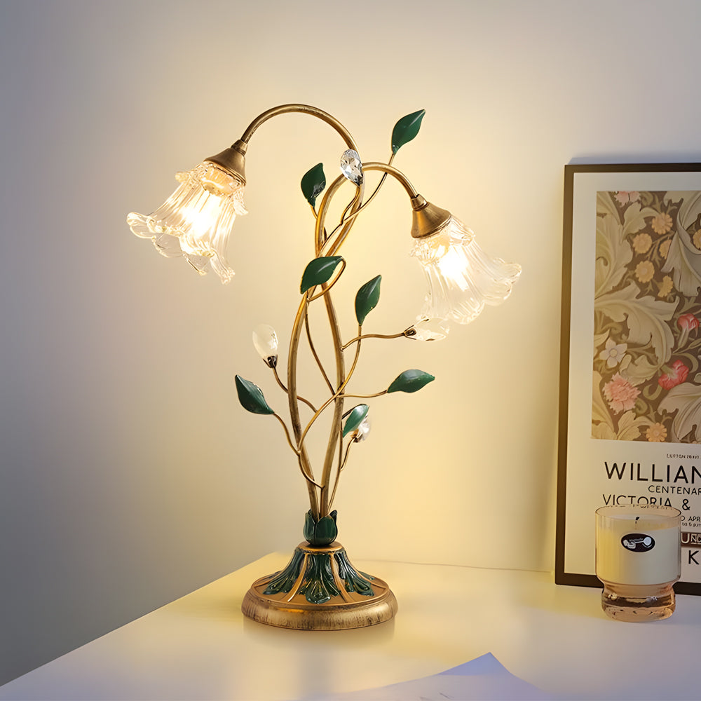 Dimmable Glass Floral Desk Lamp with Dual Lights and Leaf Accents for Ambiance