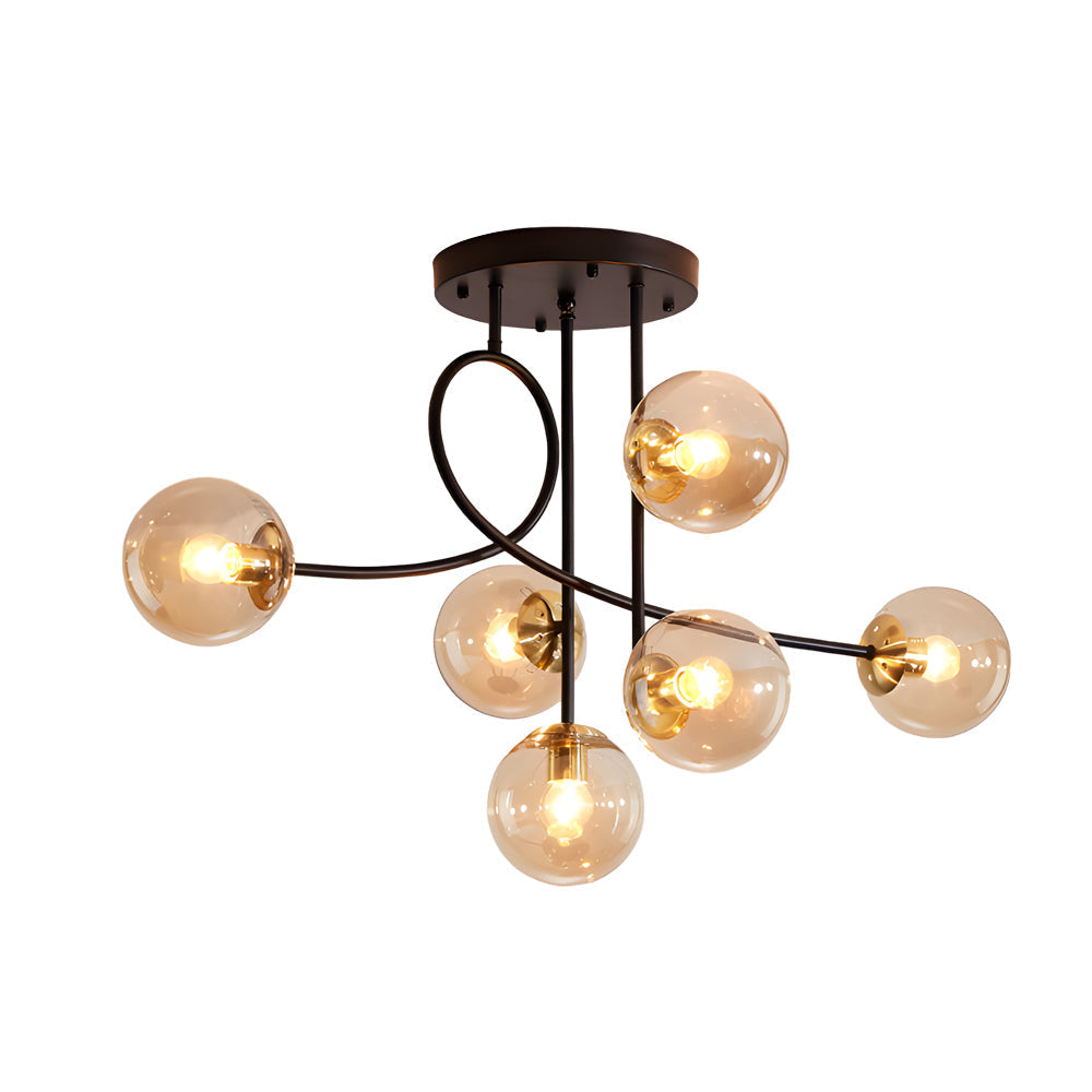 Modern 6-Light Gold/Black Semi-Flush Mount Chandelier with Glass Shade