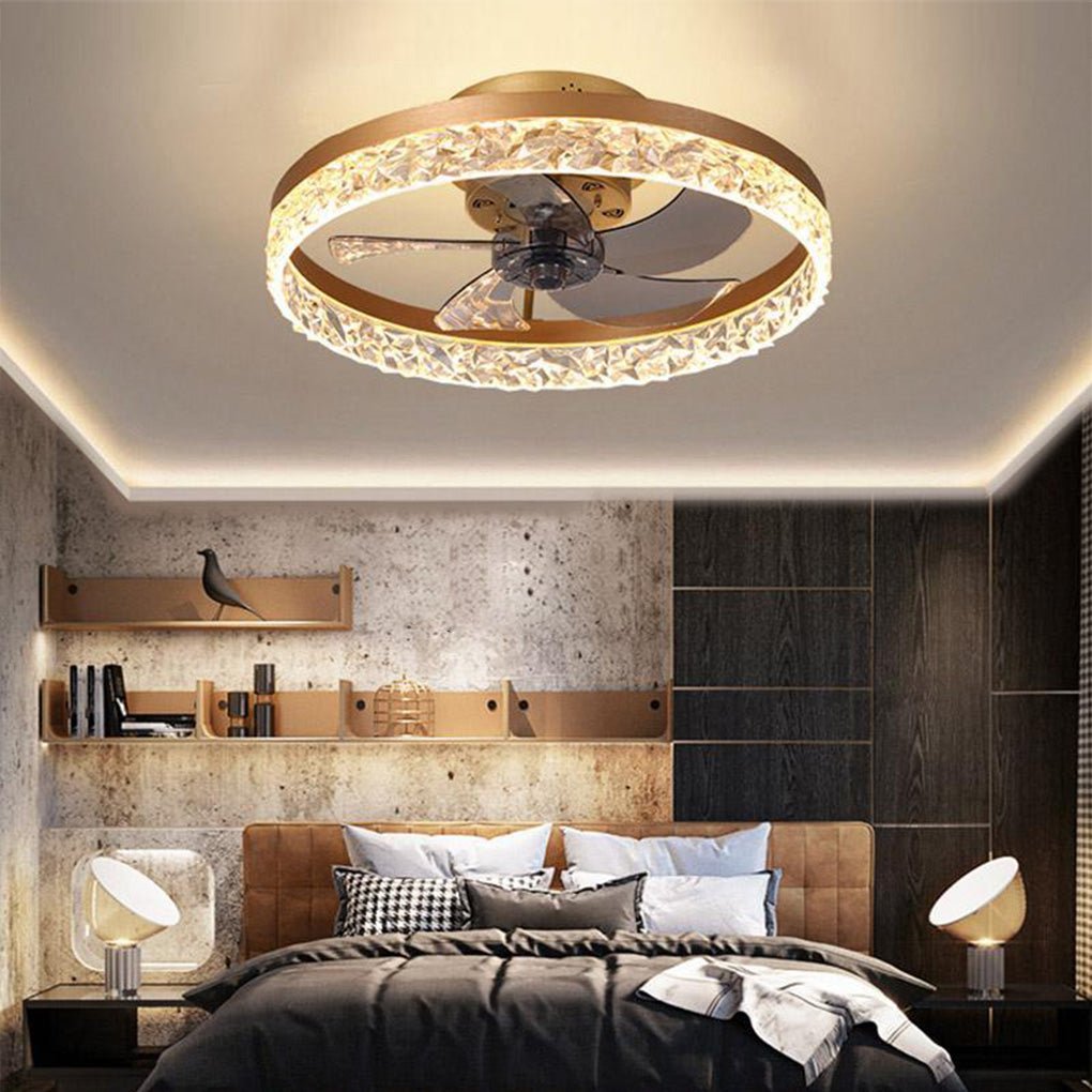 5- Blade Circular Iron Rustic Flush Mount Ceiling Fan With LED Bulbs Remote Control