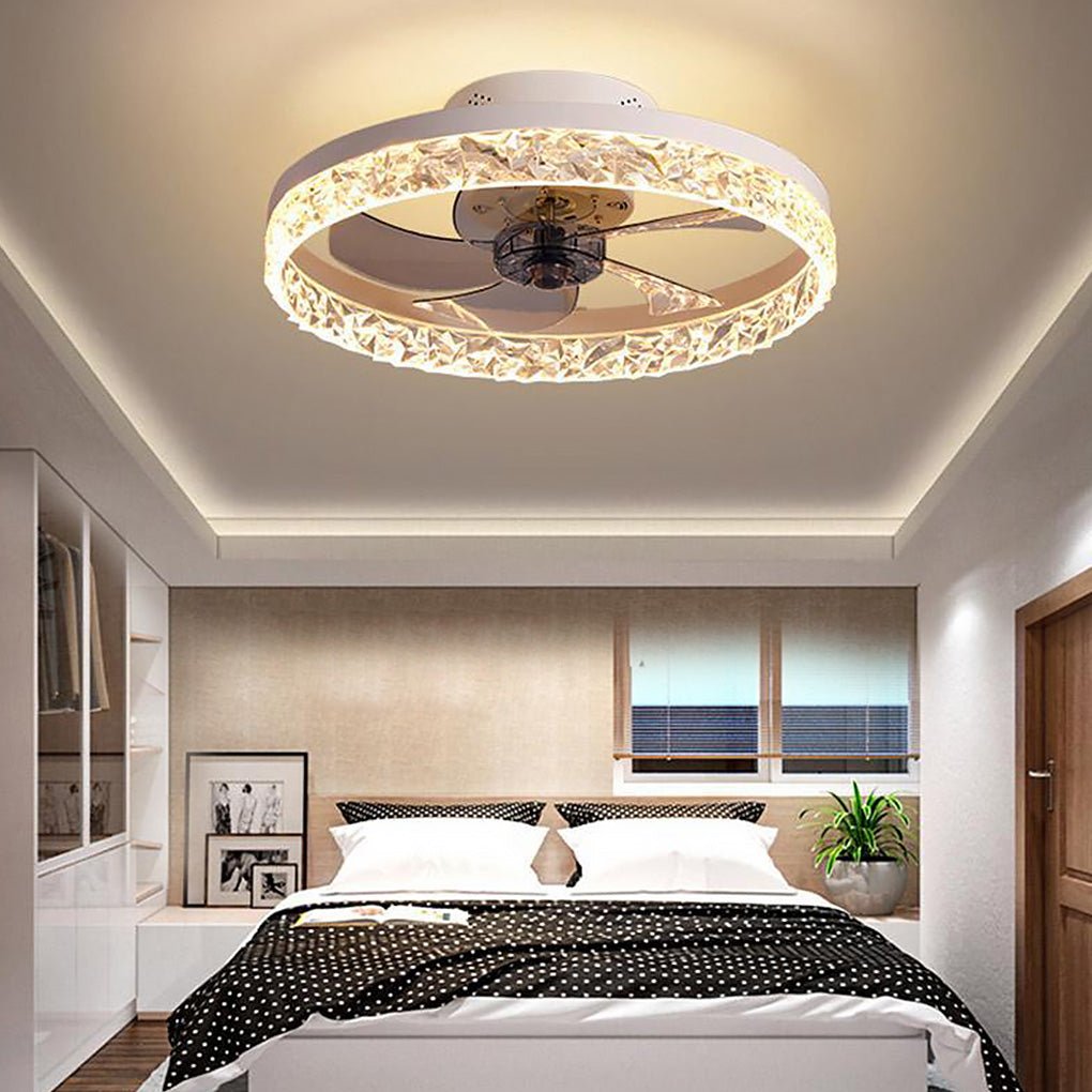 5- Blade Circular Iron Rustic Flush Mount Ceiling Fan With LED Bulbs Remote Control