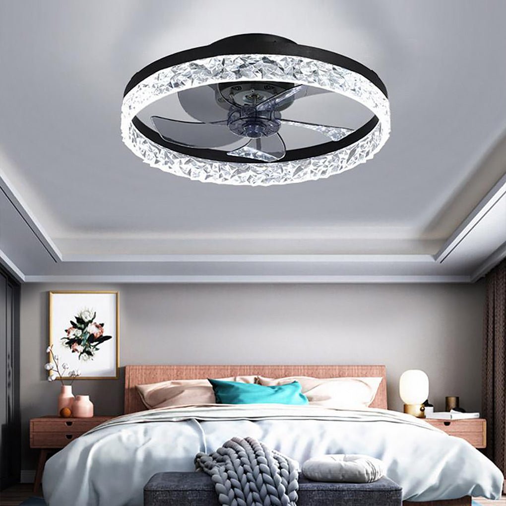 5- Blade Circular Iron Rustic Flush Mount Ceiling Fan With LED Bulbs Remote Control