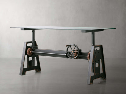 Industrial Crank Desk with Glass Top