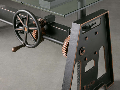 Industrial Crank Desk with Glass Top